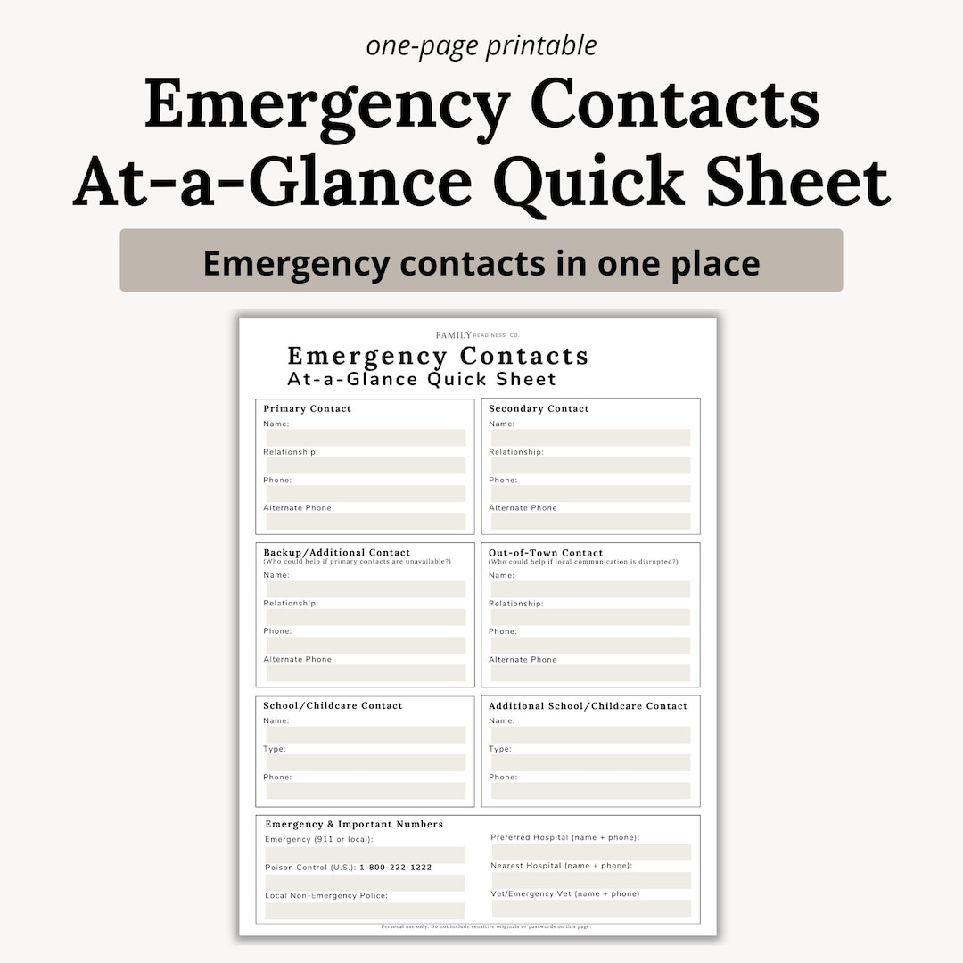 Emergency Contact Sheet Printable | Family Safety Quick Reference | At ...