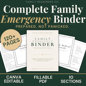 Puede incluir: Un completo Family Emergency Binder con más de 120 páginas, diseñado para organizar registros vitales, información médica, finanzas y documentos importantes. El archivador es editable en Canva y un PDF rellenable, con 10 secciones.