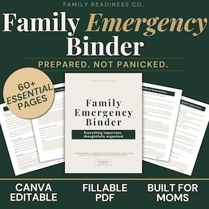 Puede incluir: Un archivador de emergencia familiar con el texto «Preparado. No en pánico». El archivador incluye más de 60 páginas esenciales y es editable con Canva y un PDF rellenable. El archivador está diseñado para organizar la información familiar.