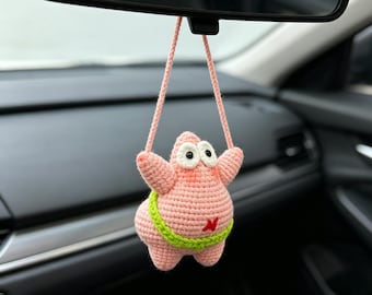 Handgehäkelter rosa Seestern-Anhänger für den Auto-Rückspiegel, handgefertigtes Ornament, Auto-Anhänger, Reiseaccessoire, Geschenk fürs Auto