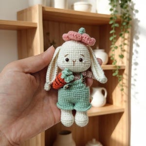 May include: A handmade crochet bunny doll wearing a pink beret and green overalls, holding a small orange carrot. The bunny has long ears and is made of off-white yarn. The doll is a charming, whimsical toy.