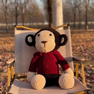 May include: A handmade crochet monkey doll with a cream-colored face, hands, and feet, and a dark brown head and ears. The monkey wears a burgundy sweater and sits on a folding chair. The background features trees and fallen leaves.