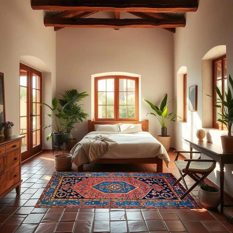 May include: A bedroom with a wooden bed, dresser, and desk. A vibrant rug with a blue and red geometric pattern covers the floor. Large windows and doors allow natural light to fill the room, and potted plants add a touch of greenery.