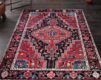 Neutral Persian Pattern Rug Red Blue Aged Rug - Oriental Decorative rug - Antique Style Rug Turkish Rug - Chenille Vintage Rugs - Runner Rug