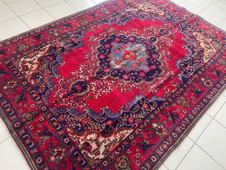 Antique Large Rug, Red Blue Persian Rug, Wool Hand Made Rug Turkish Rug ...