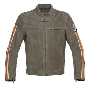 May include: A grey suede jacket with a zip-up front, a small chest pocket, and a stand-up collar. The jacket features orange and white stripes down the sleeves and a BMW logo on the upper arm. The jacket has a classic motorcycle style.