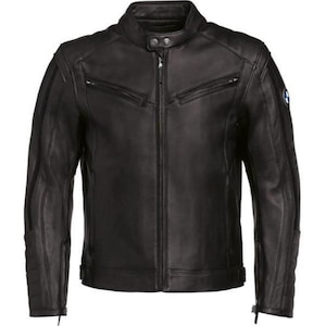 May include: Black leather motorcycle jacket with a stand-up collar and a full-length zip. The jacket features zipped pockets, padded shoulders, and a BMW logo on the upper arm. The jacket has a classic, streamlined design.
