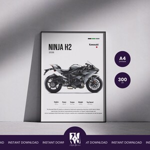 Op de afbeelding: Een ingelijste print met een zwarte en grijze Kawasaki Ninja H2 motorfiets. De print bevat de tekst "NINJA H2 2026" en "Kawasaki". Extra tekst geeft aan dat de print A4-formaat en 300 DPI is. De onderkant van de print luidt "INSTANT DOWNLOAD".