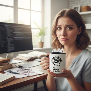 Könnte beinhalten: Weißer Kaffeebecher mit schwarzem Innenraum und Henkel, mit einem Roboter-Design und dem Text "AI told me to do it...". Der Becher wird vor einem Computerbildschirm mit Code gehalten.