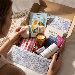 Self Care Pamper Box with Candle, Calming Tea, Sweet Treats, Sleep Mask and Aromatherapy