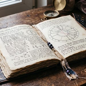Peut inclure: Un livre ouvert à couverture en cuir avec des pages aux bords irréguliers présentant du texte manuscrit et un thème astral circulaire. La couverture sombre est ornée de motifs célestes dorés et un marque-page en tissu perlé est posé.