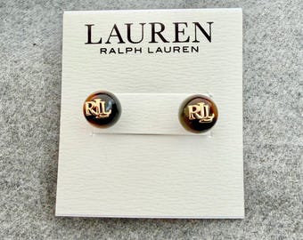 Lauren Ralph Lauren Tortoise Shell Logo Stud Earrings | Gold Tone Resin Posh Style