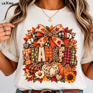 Thankful Fall PNG, Patchwork Bow and Pumpkins Sublimation Design