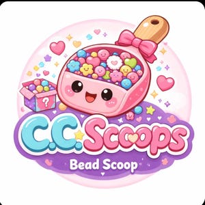 May include: A cartoon logo for "C.C. Scoops Bead Scoop" features a pink scoop filled with colorful beads, a pink box with a question mark, and hearts. The logo has a cute, friendly design with pastel colors and a playful font.