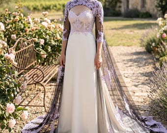 Romantic Violet Wedding Shrug French Black Bridal Cape with Poet Sleeves Sequined Bolero