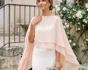 Champagne Chiffon Wedding Cape, Sheer Bridal Poncho Shawl, Soft Shrug