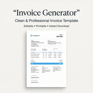 May include: A clean, professional invoice template with the title "Invoice Generator." The document is white with blue accents and includes sections for company details, invoice number, and itemized services. The text indicates it is editable, printable, and an instant download.