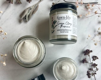 Sage, Green Clay & Pumice Exfoliating Facial Scrub - creamy, cleansing, exfoliation - gentle, botanicals and plant-based ingredients, vegan