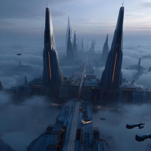 Può includere: Paesaggio urbano futuristico con alte torri e un ponte centrale, il tutto sopra un mare di nuvole. Gli edifici hanno una combinazione di colori blu scuro e grigio con dettagli illuminati. Diversi veicoli volanti sono visibili.