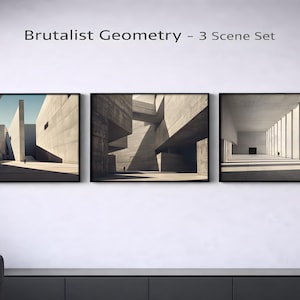 Op de afbeelding: Een set van drie ingelijste prints met brutalistische architectuur. De afbeeldingen tonen geometrische betonnen structuren met dramatische licht- en schaduwspellen. Het kunstwerk wordt tentoongesteld aan een witte muur boven een donkergrijze kast.
