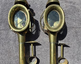Pair Antique Brass Beveled Glass Buggy Carriage Oil Lamp Lantern Coach Red Light