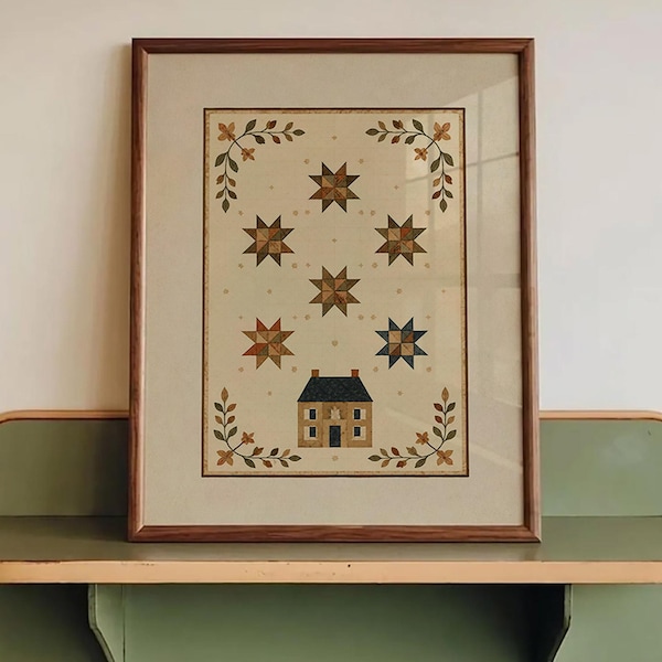 Americana House And Stars Quilt Print: Antique Farmhouse Wall Art, Vintage Patchwork Decor