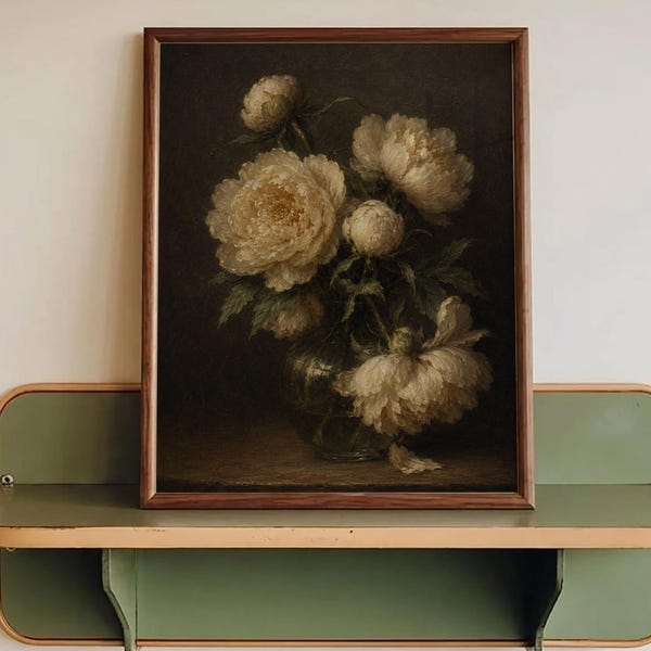 Moody White Peonies Print: Vintage Floral Wall Art, Still Life Decor, Cottagecore Flower Poster