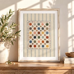 Imprimé rétro inspiré des courtepointes à étoiles : motif à rayures bleu cottage, art mural patchwork vintage (téléchargement numérique)