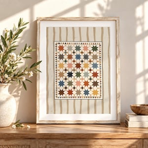 Retro Star Quilt Inspired Print: Cottage Brown Stripes, Vintage Patchwork Wall Art (Digital Download)
