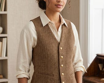 Chaleco de tweed marrón dorado de corte ajustado a medida / Chaleco de lana con estampado de espiga estilo vintage de los años 30 para mujer