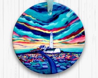St Mary's Evening Sky - Ceramic Hanging Tree Decoration by Joanne Wishart Artist - Whitley Bay