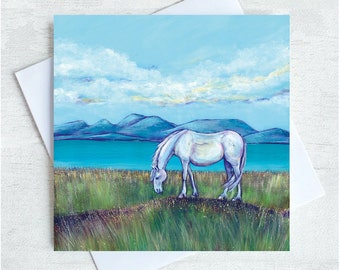 Grazing Pony - Horsey card - Isle of Tiree - Mull - Horse lovers card - Scottish Landscape Card - Pony Card - Retirement Card - Art Card