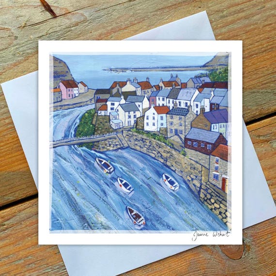 Staithes Fishing Village - Greetings Card by Northeast artist Joanne Wishart - North Yorkshire coastal seaside fishing village art card
