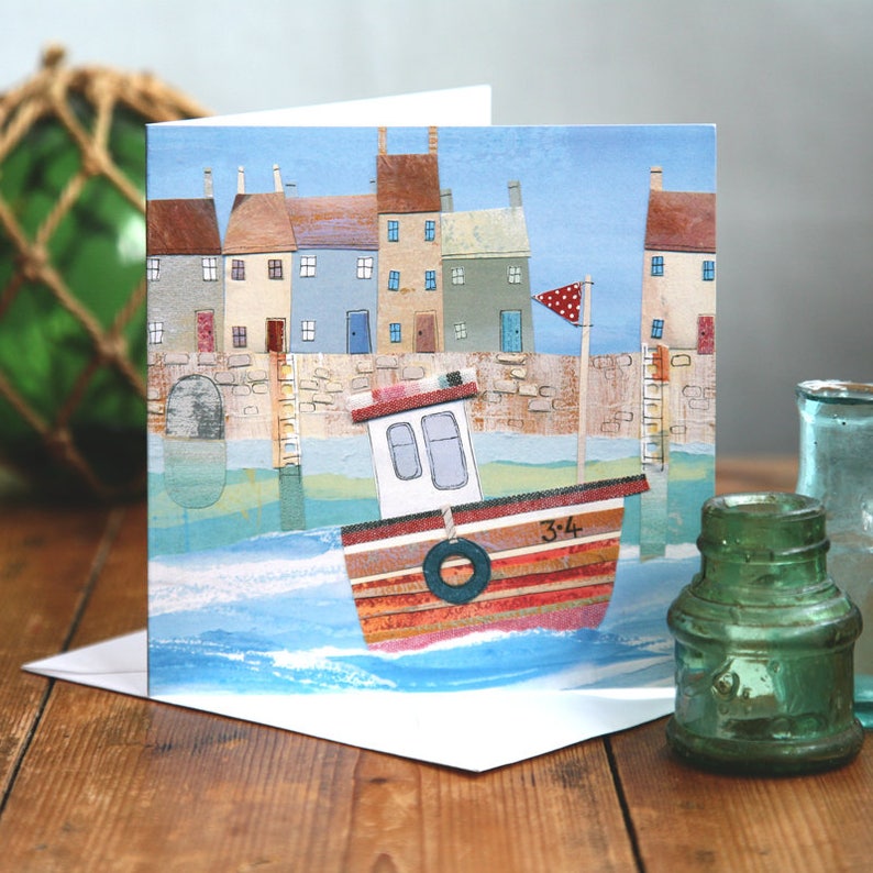 Fishing Boat 3.4 blank card greetings card seaside card coastal art harbour scene designed by Joanne Wishart Bild 1