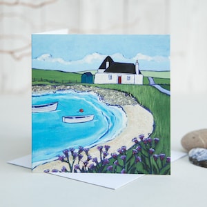 Through The Thistles - Greetings card designed by Joanne Wishart - cottage blackhouse beach seaside hebrides island Scottish Scotland art