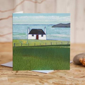 Fields of green - greetings card by Joanne Wishart artist - cottage new home moving blank note card Hebridean house Scotland Scottish island