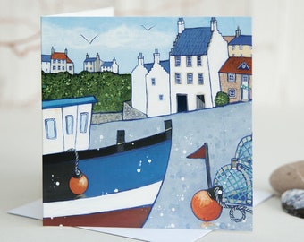 Fishing Day - greetings card by Joanne Wishart - art fife harbour Crail port nautical coast seaside retirement notelet thank you new home