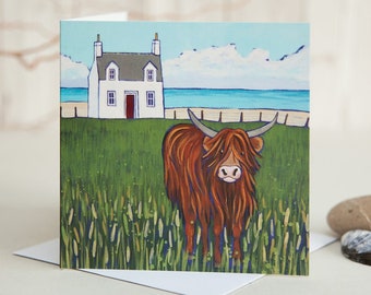 Highland Coo greetings card - designed by Joanne Wishart - art blank note card notelet cow Scotland Scottish new house home moving rural