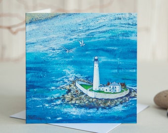 Birds Eye View - Greetings Card by Joanne Wishart - ST Marys Island Lighthouse Whitley Bay seaside sailing coast blank inside thank you card