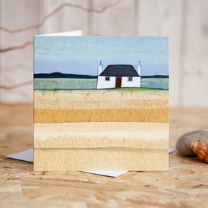 Beyond The Machair - greetings card design by Joanne Wishart artist - Blackhouse beach new home moving thank you blank scottish cottage art