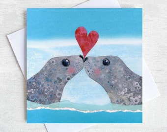 Sealed with a Kiss - Cute Valentines Card - Anniversary Card - Love Card - Grey seal - Seaside Art Card - Wedding Card - Girlfriend Card