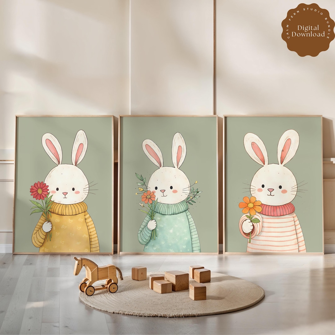 Bunny Nursery Wall Art Set of 3 Vintage Watercolor Floral Prints ...
