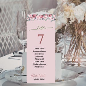 Blush Pink Floral Trifold Wedding Table Number, Menu & Bar Sign: Editable Canva Template