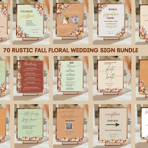 Può includere: Una collezione di cartelli nuziali incorniciati con decorazioni floreali. I cartelli presentano frasi come "Cerimonia, Da questa parte", "Polaroid Guestbook" e "Drink della sposa". I cartelli sono in vari colori, tra cui pesca, verde e bianco.