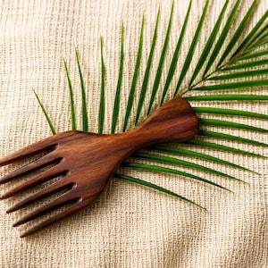 Può includere: Un pettine afro in legno marrone scuro con cinque denti larghi e affusolati e un manico curvo e liscio. Il pettine è posizionato sopra una foglia di palma verde, mettendo in risalto le venature naturali del legno e la finitura lucida.