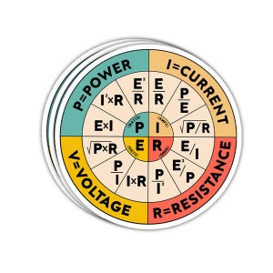 May include: A round sticker featuring electrical formulas for power, current, voltage, and resistance. The design is divided into quadrants of teal, beige, yellow, and red, with formulas and abbreviations in black.
