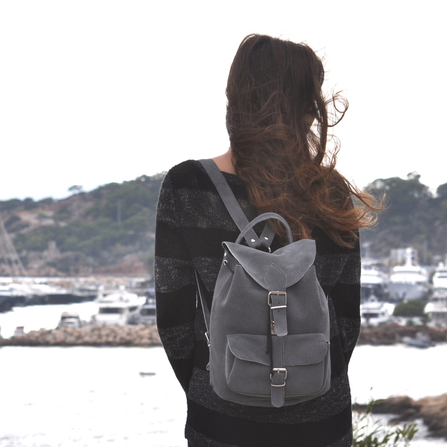 Medium size suede leather backpack /Women/Men gray suede Etsy