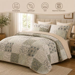 May include: A quilted bedspread and pillow set with a floral pattern in shades of green, gray, and beige. The bedspread features a patchwork design and is displayed on a bed with a neutral-toned headboard. The image also includes icons indicating the bedspread is breathable, lightweight, soft, and machine washable.
