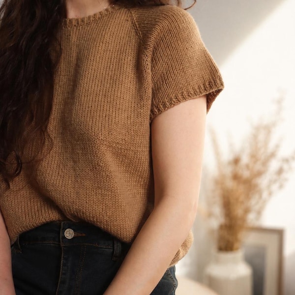 Tee Shirt Knitting Pattern, Easy Knit Tee Pattern, Raglan Sweater Short Sleeve Top, Easy Summer Tee Shirt Seamless Raglan, Video Tutorials