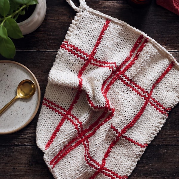 Plaid Hand Towel Knitting Pattern, Tartan Tea Towel Beginner Knitting Pattern, Modern Farmhouse Kitchen Towel Knitting Pattern, with Videos